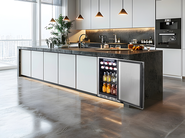 Side view of a modern kitchen setting with the 3.18 Cu Ft Undercounter Beverage Outdoor Refrigerator 96 cans installed under the kitchen counter, positioned in the right corner. The product door is opening, revealing the fully stocked interior space with beverage drinks