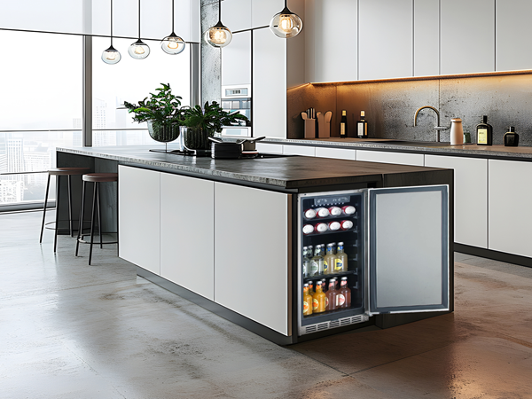 Side view of a modern kitchen setting with the 3.18 Cu Ft Undercounter Beverage Outdoor Refrigerator 96 cans installed under the kitchen counter, creating a perfectly integrated space
