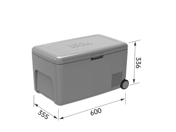 Side view of the 0.6 Cu Ft Camping Outdoor Refrigerator with lines and parameters indicating its compact size