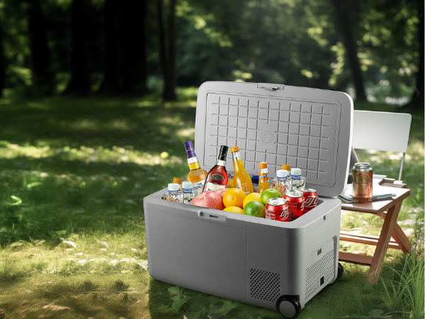 Side view of 0.6 Cu ft Camping Outdoor Refrigerator filled with assorted beverages, with an open door and a chair visible in the background