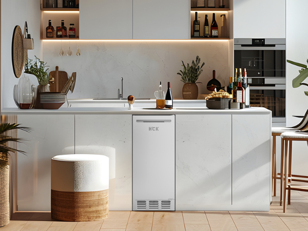 Front view of an outdoor kitchen setup with a 60 lbs Stainless Steel Outdoor Refrigerator Ice Maker installed beneath the kitchen table in the center. The table is decorated with bottles of wine and various kitchen appliances