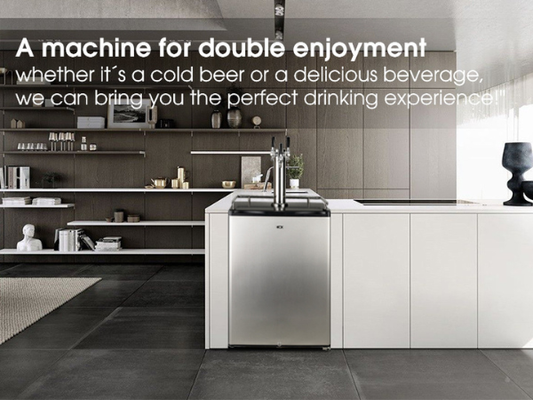 Front view of a modern kitchen setting with the 6.53 Cu Ft Outdoor Kegerator Stainless Steel Refrigerator 230 cans installed into the kitchen counter