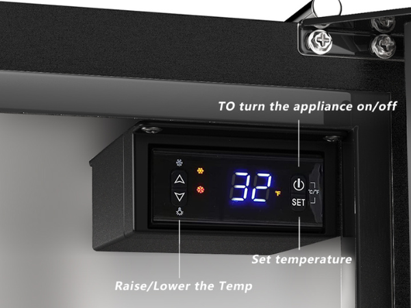 Close-up view of the digital temperature control panel of the 6.04 Cu Ft Undercounter Outdoor Refrigerator Kegerator, positioned on the upper right door edge