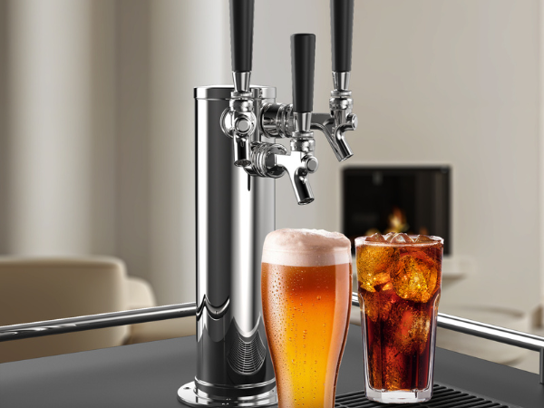 Close-up view of the tap tower of the 6.04 Cu Ft Undercounter Kegerator Outdoor Beverage Fridge, with glasses of beer positioned beside it, highlighting the three-tap tower feature.