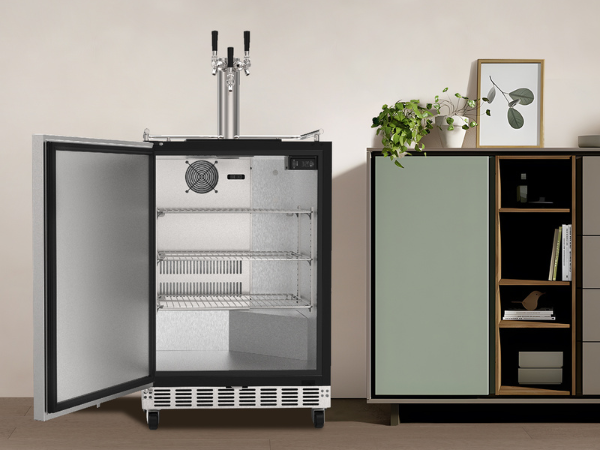 Front view of the living room setting featuring the 6.04 Cu Ft Undercounter Kegerator Outdoor Beverage Fridge positioned beside a bookshelf. The product door is open, revealing the interior space equipped with three glass shelves