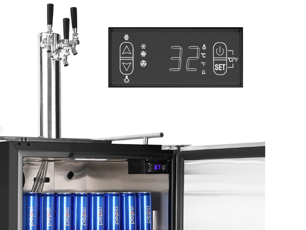 Close-up view of the interior space of the 6.04 Cu Ft Undercounter Kegerator Outdoor Beverage Fridge, with emphasis on the digital temperature control panel mounted on the ceiling to the right corner in front of the product.