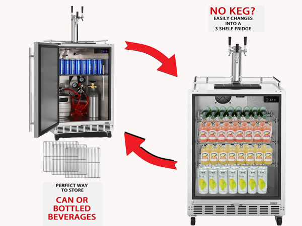 Side view of a 6.04 Cu Ft Undercounter Outdoor Refrigerator Kegerator with an open door, revealing interior space equipped with a keg and gas tank placed in the upper left corner. In the lower right corner is a front view of another 6.04 Cu Ft Undercounter Outdoor Refrigerator Kegerator, showing interior space with 3 wire shelves stocked full of beverage drinks. Between these two is an arrow element and description lines highlighting the switchable feature of the product