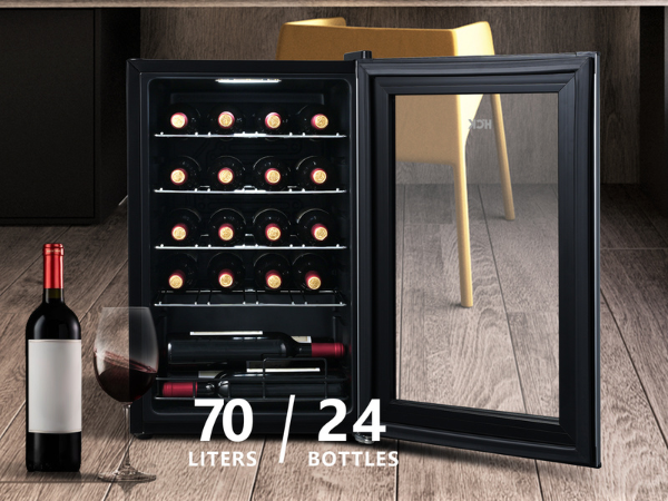 Front view of the 6.04 Cu Ft Undercounter Kegerator Outdoor Beverage Fridge with the door open, displaying its fully stocked interior space with bottles of wine. Descriptions accompany the product to highlight its capacity. The modern office setting is visible in the background