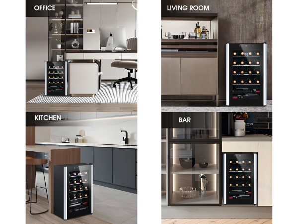 Views of the 70L Freestanding Dual Zone Wine Fridge 24 Bottles in four different settings: office, bar, kitchen, and living room, installed in suitable places in each usage scenario