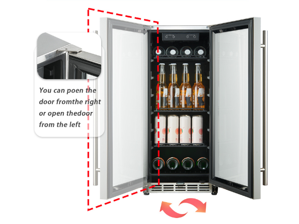 Front view of the 3.2 Cu Ft Compact Beverage Outdoor Refrigerator 96 cans with its door open. The image emphasizes the reversible door feature, accompanied by a close-up view of the door hinge and a description