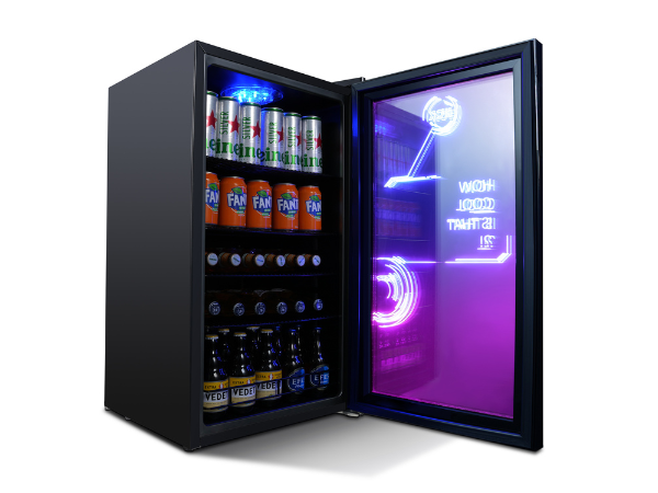 Side view of a 3.5 Cu Ft Cyberpunk Glass Door Beverage Fridge with the door open, revealing a fully stocked interior of beverage bottles.