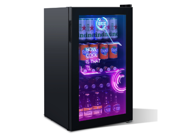 Side view of a 3.5 Cu Ft Cyberpunk Glass Door Beverage Fridge with transparent door. The contents of the fridge can be seen through the door