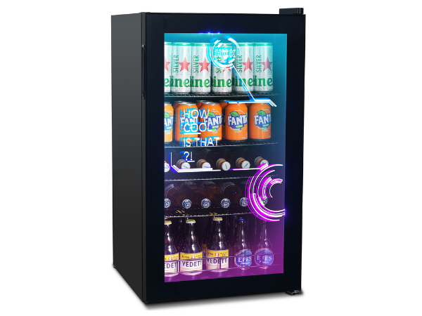 Side view of a 3.5 Cu Ft Cyberpunk Glass Door Beverage Fridge with transparent door. The contents of the fridge can be seen through the door