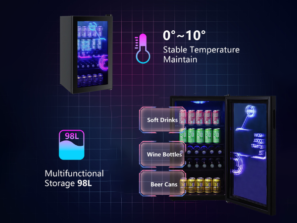 Front view of a 3.5 Cu Ft Cyberpunk Glass Door Beverage Fridge, featuring accompanying icons and descriptions highlighting its various storage capacities. In the background, a side view of the product is visible, accompanied by icons showcasing its temperature control feature