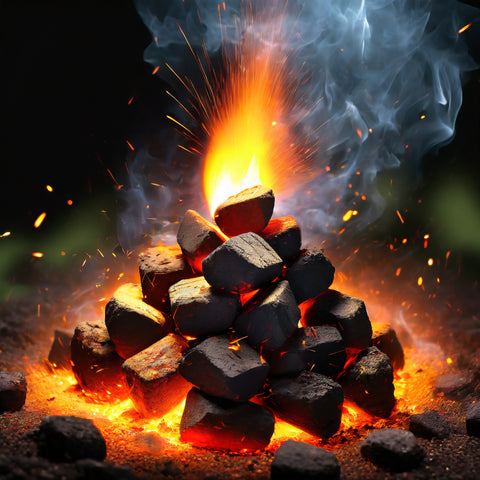 A pile of hookah charcoal briquettes arranged in a pyramid shape is being ignited with a blowtorch. Some briquettes are already glowing red, while others are still black. The image shows the process of properly igniting charcoal for long-lasting heat.