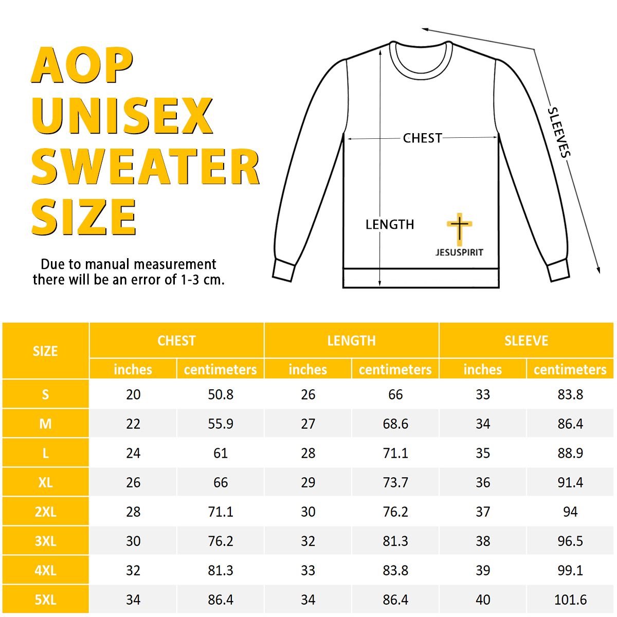 AOP Unisex Sweater Size Chart - Jesuspirit