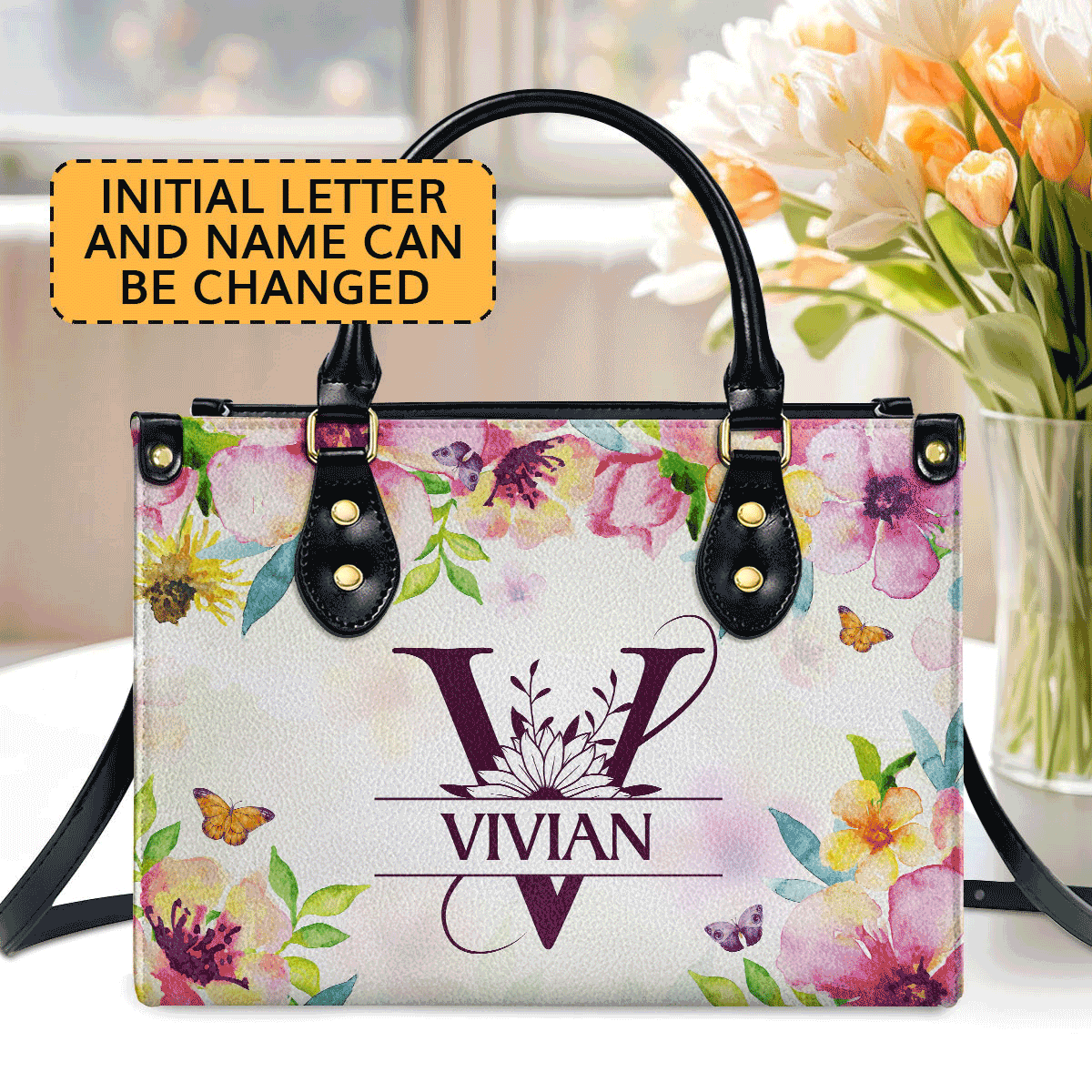  Jesuspirit | Personalized Leather Handbag With Zipper | Initial Letter LHBHN01