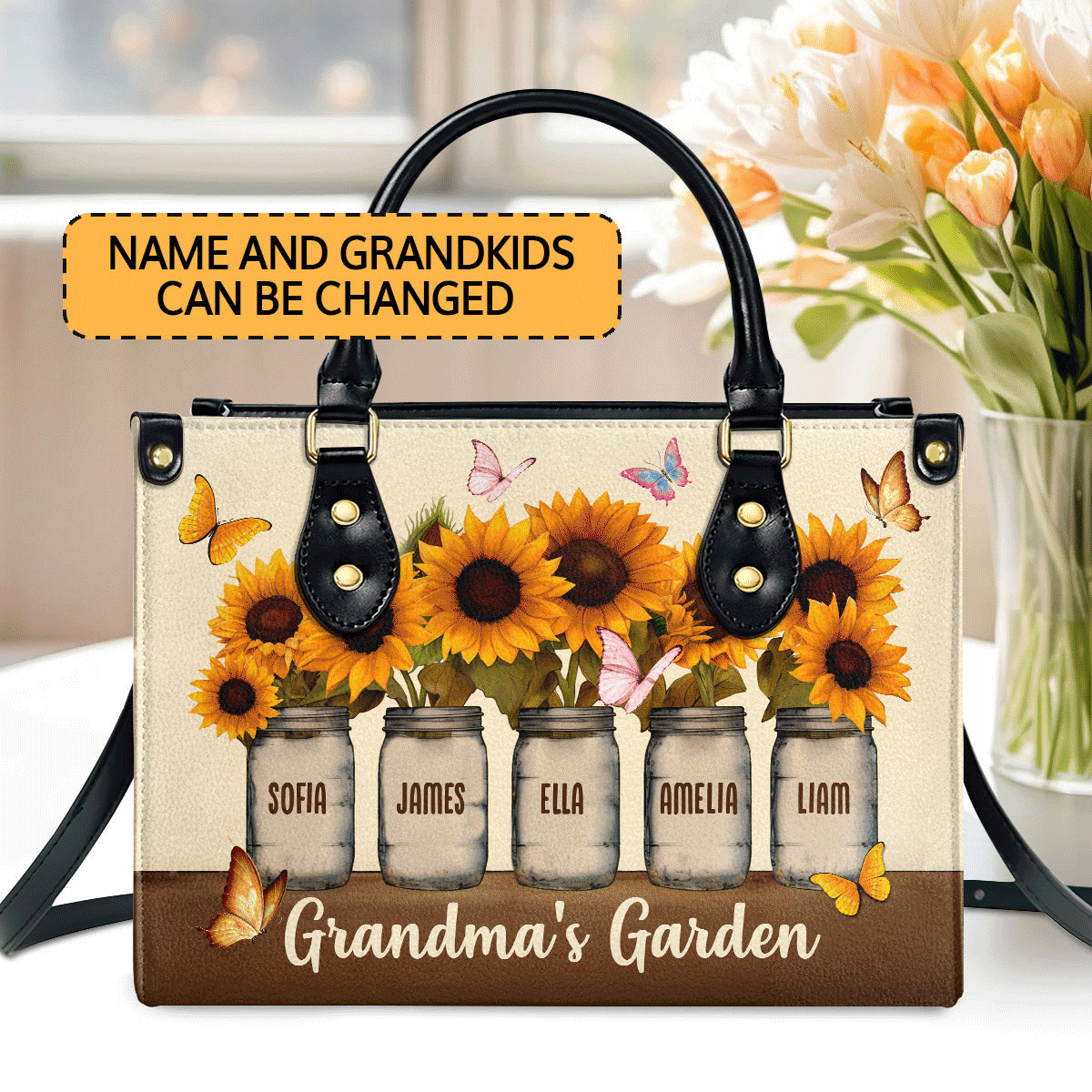  Grandma's Garden | Personalized Leather Handbag With Zipper LHBH836