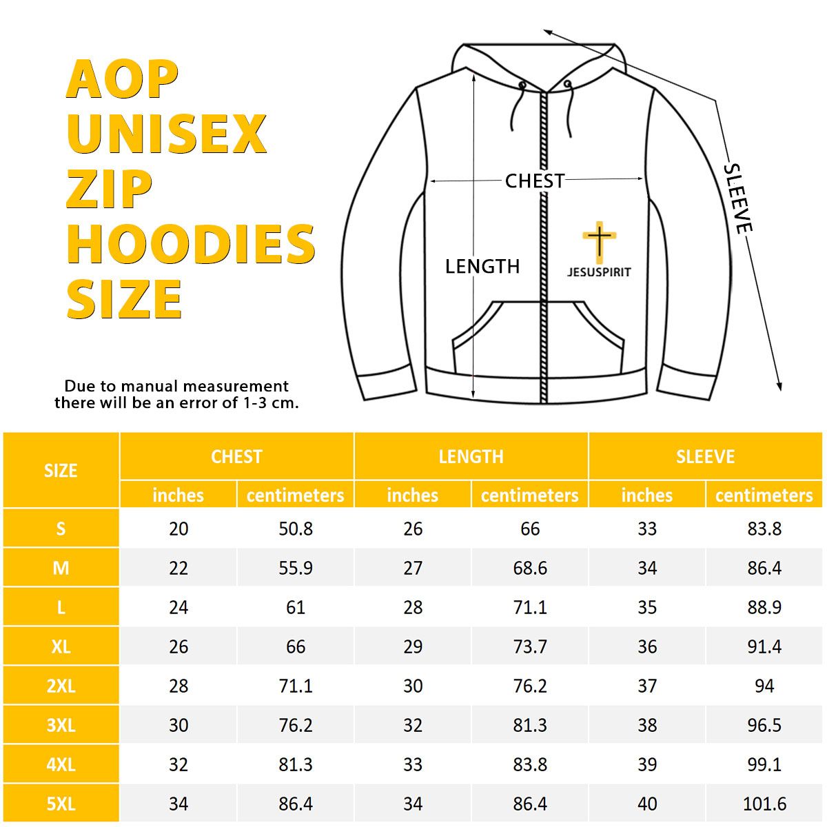 AOP Unisex Zip Hoodies Size Chart - Jesuspirit