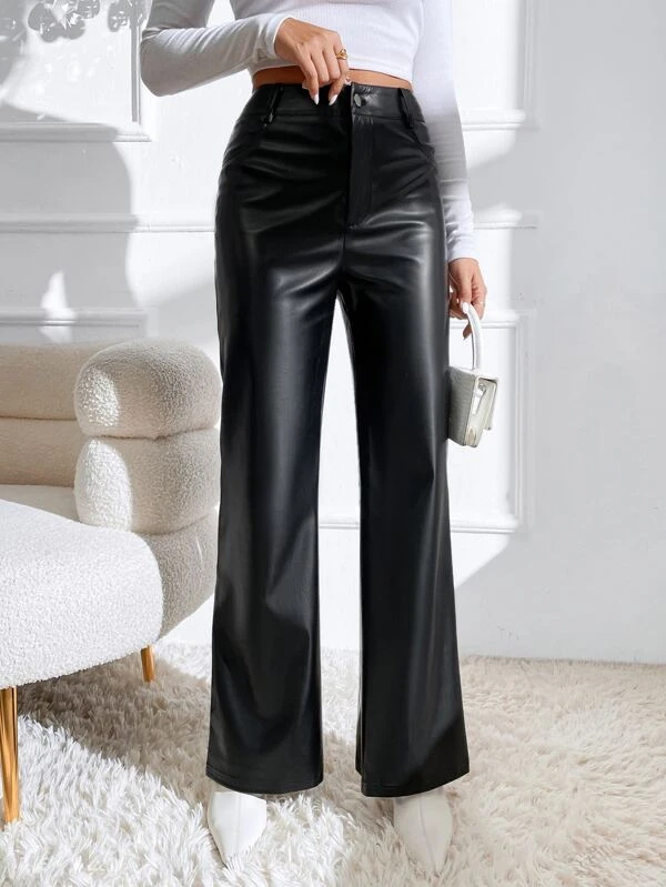 DARZI  Women Regular Fit Black Faux Leather Trousers