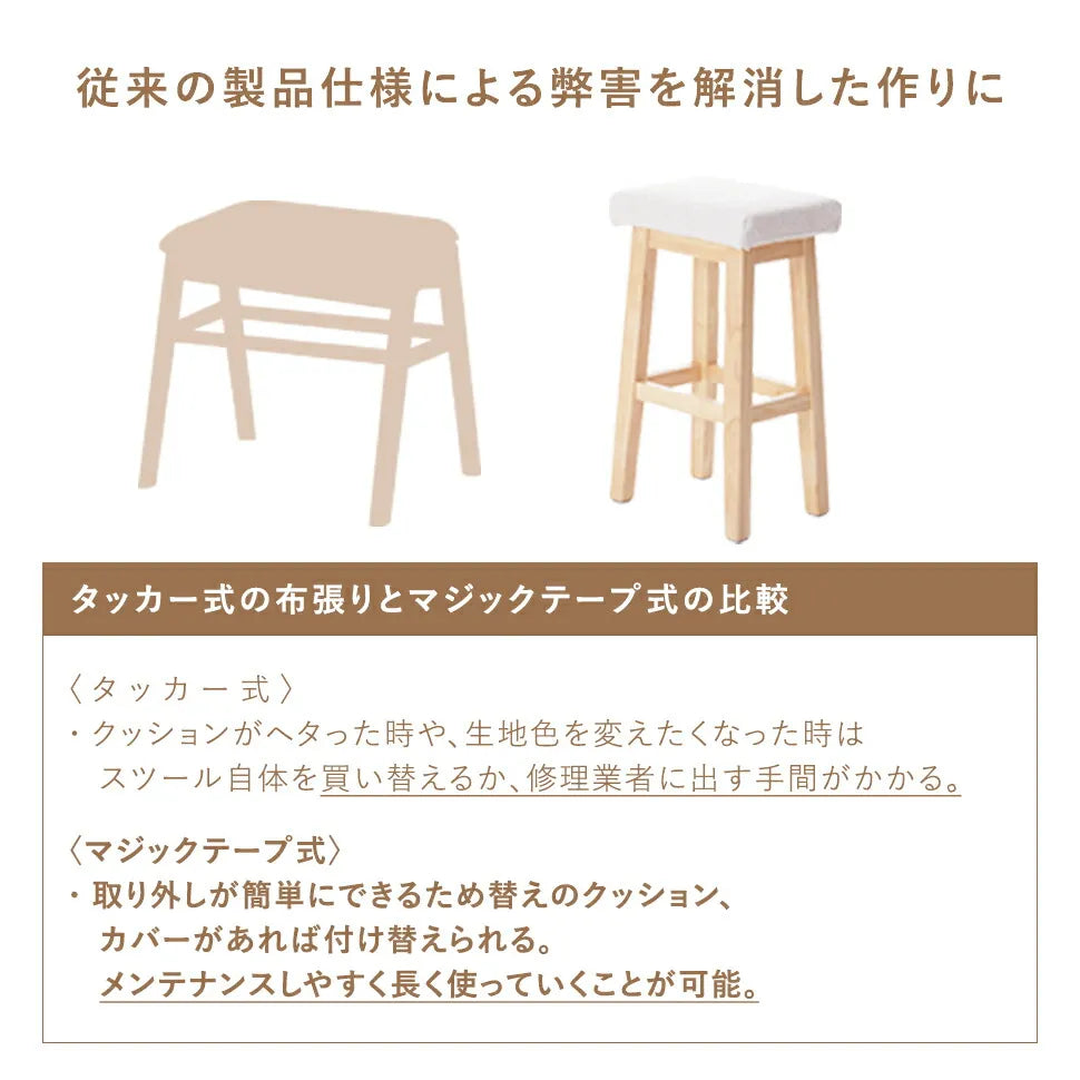 座面が取り外せてお手入れ簡単。メンテナンスしやすく長く使える。スツール カウンターチェア 椅子 チェア ハイチェア ブークレ生地 天然木 木製 スタイリッシュ おしゃれ 北欧 シンプル お手入れ簡単 ファブリック セルタン　セルタン公式