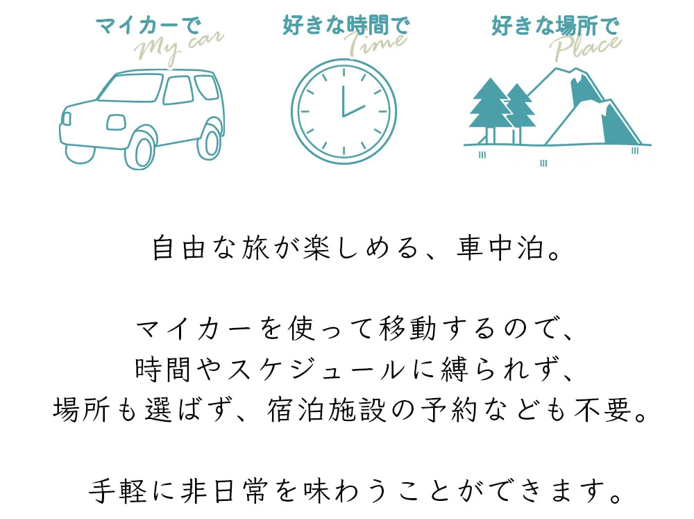 自由な旅が楽しめる、車中泊。
マイカーを使って移動するので、時間やスケジュールに縛られず、場所も選ばず、宿泊施設の予約なども不要。 手軽に非日常を味わうことができます。