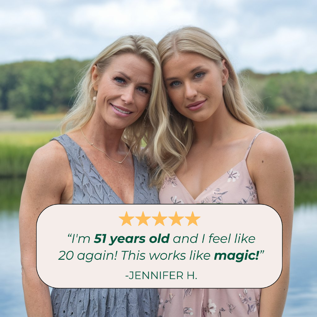 Two women standing outdoors with a testimonial text overlay.