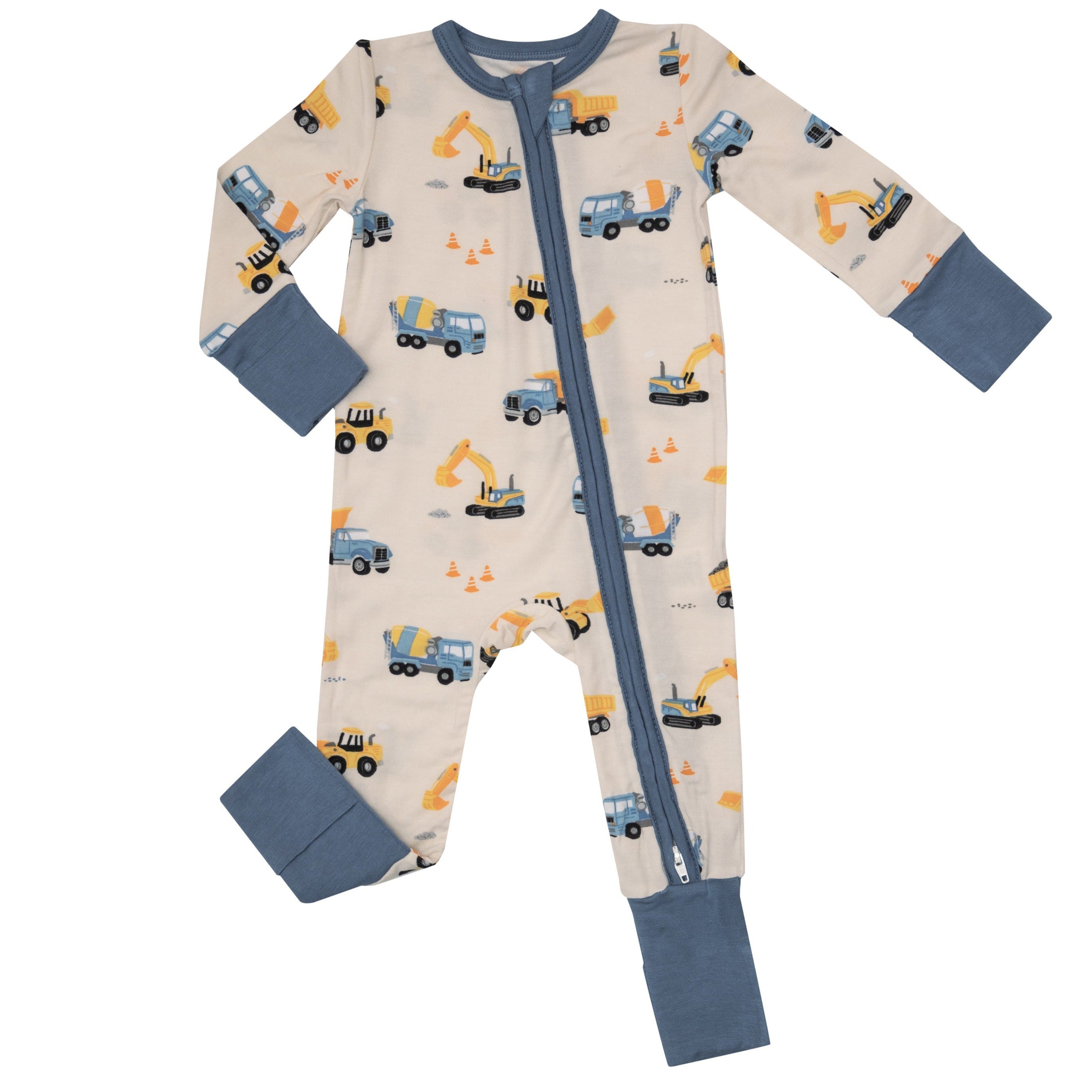 Image of 2-Way Ruffle Zip Romper, Construction Trucks