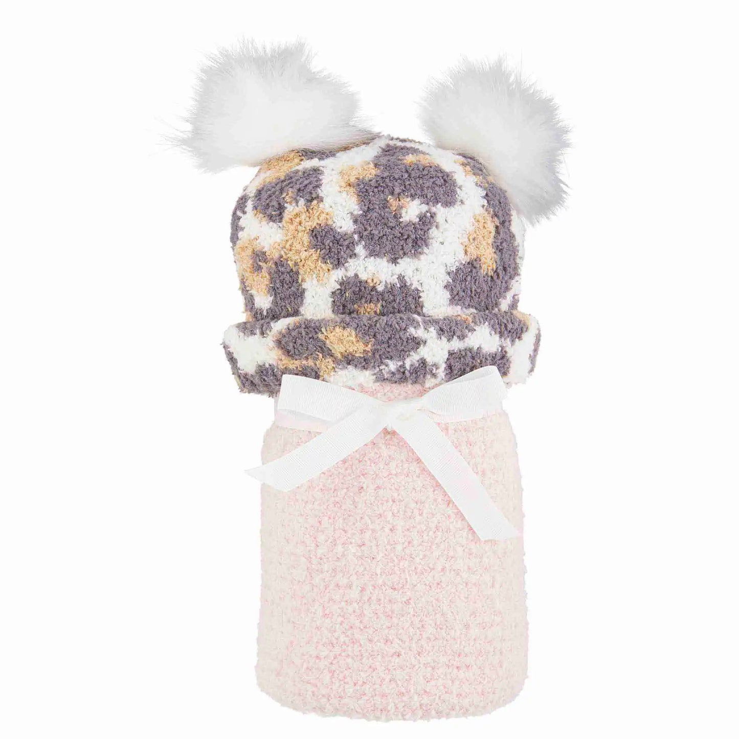 Chenille Blanket & Double Pom Leopard Hat Set, Pink