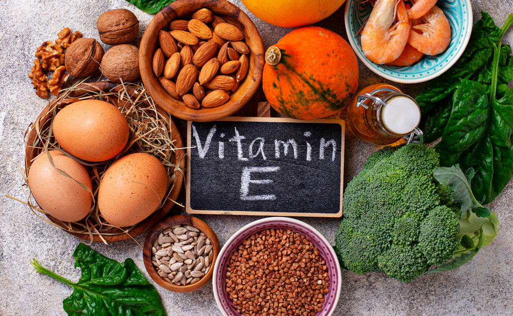 Top 5 vitamin E-rich foods:    1. Almonds  2. Sunflower Seeds  3. Spinach  4. Avocados  5. Wheat Germ