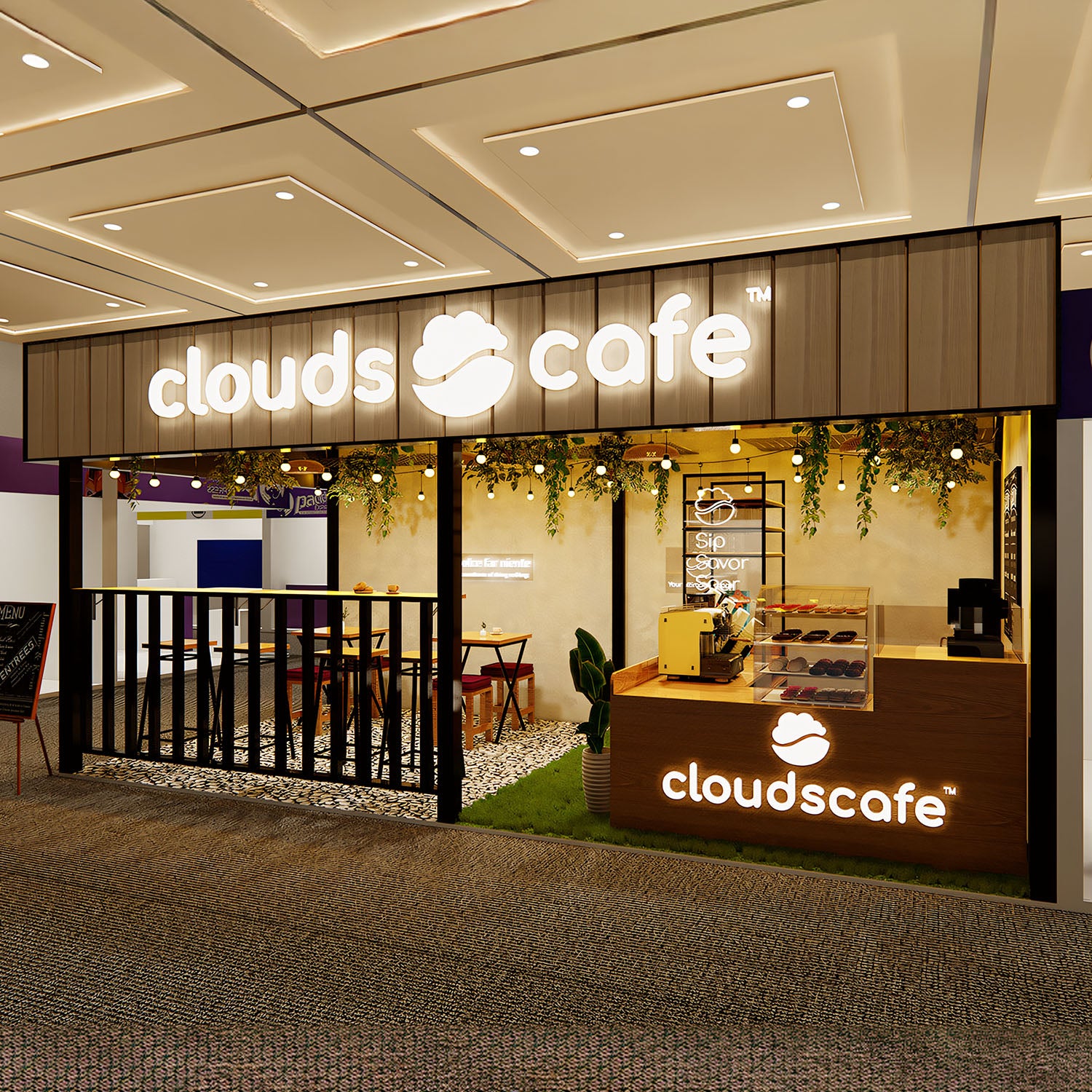 Cloudscafe interior design featuring warm lighting and modern decor