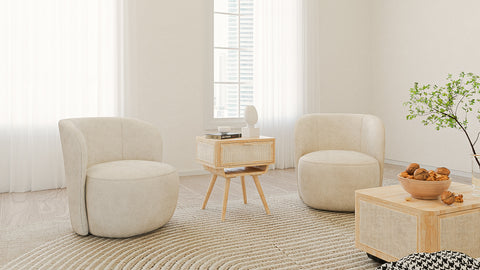 Organic Modern living room, rattan coffee table, side table and lounge chairs