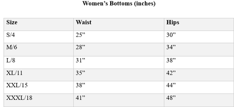 Women's bottoms size chart