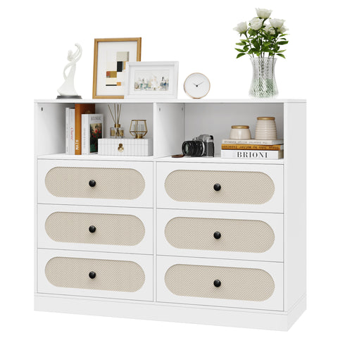 Homfa Storage Cabinet with Rattan Doors, Tall Cabinet Rattan Cabinet with  Drawers, Accent Versatile Cabinet for Living Room, White