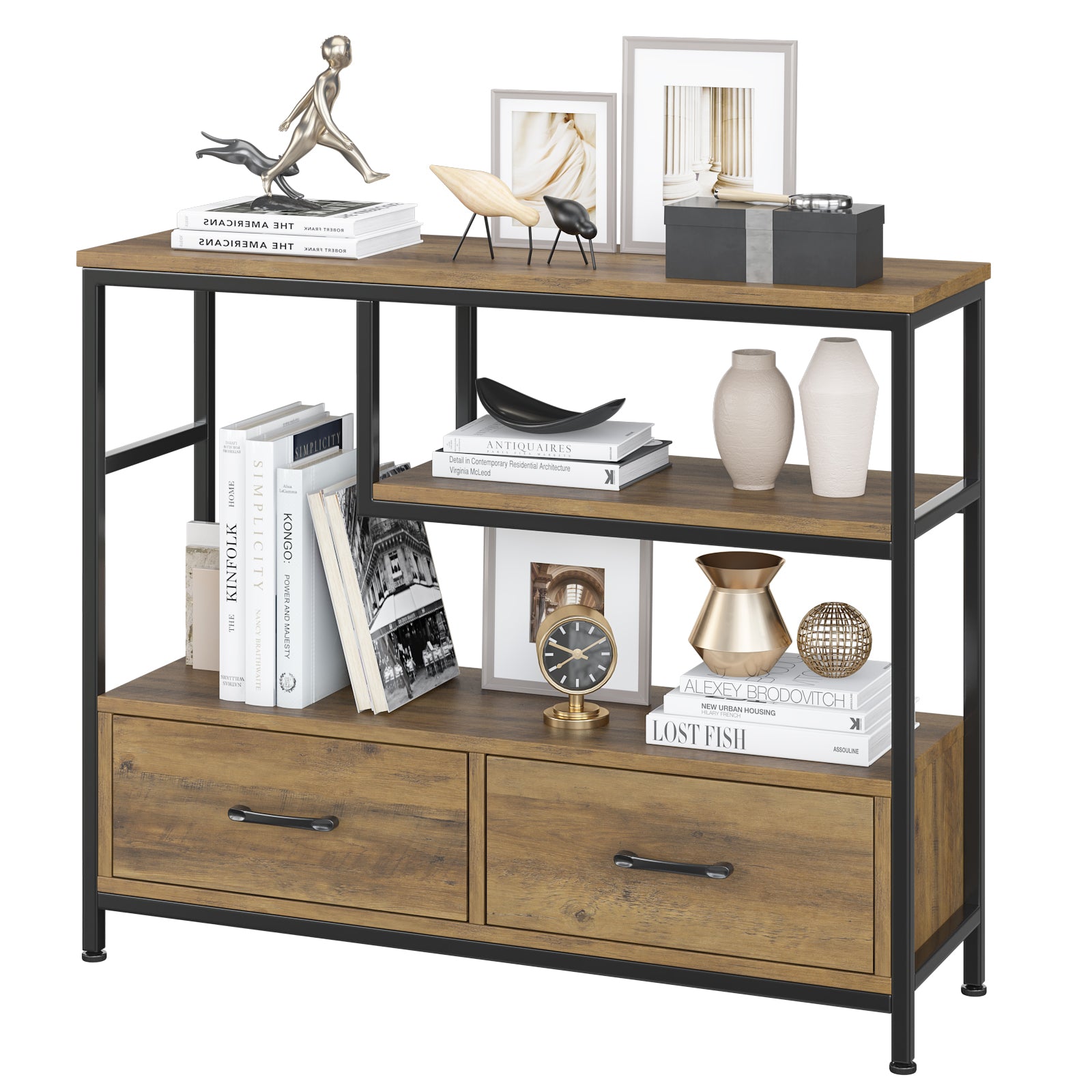 Homfa Console Table with Drawers, 3 Tier Display Storage Shelves for Entryway Hallway, Rustic Brown