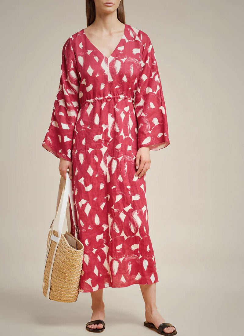 Printed Long-Sleeve Linen Dress