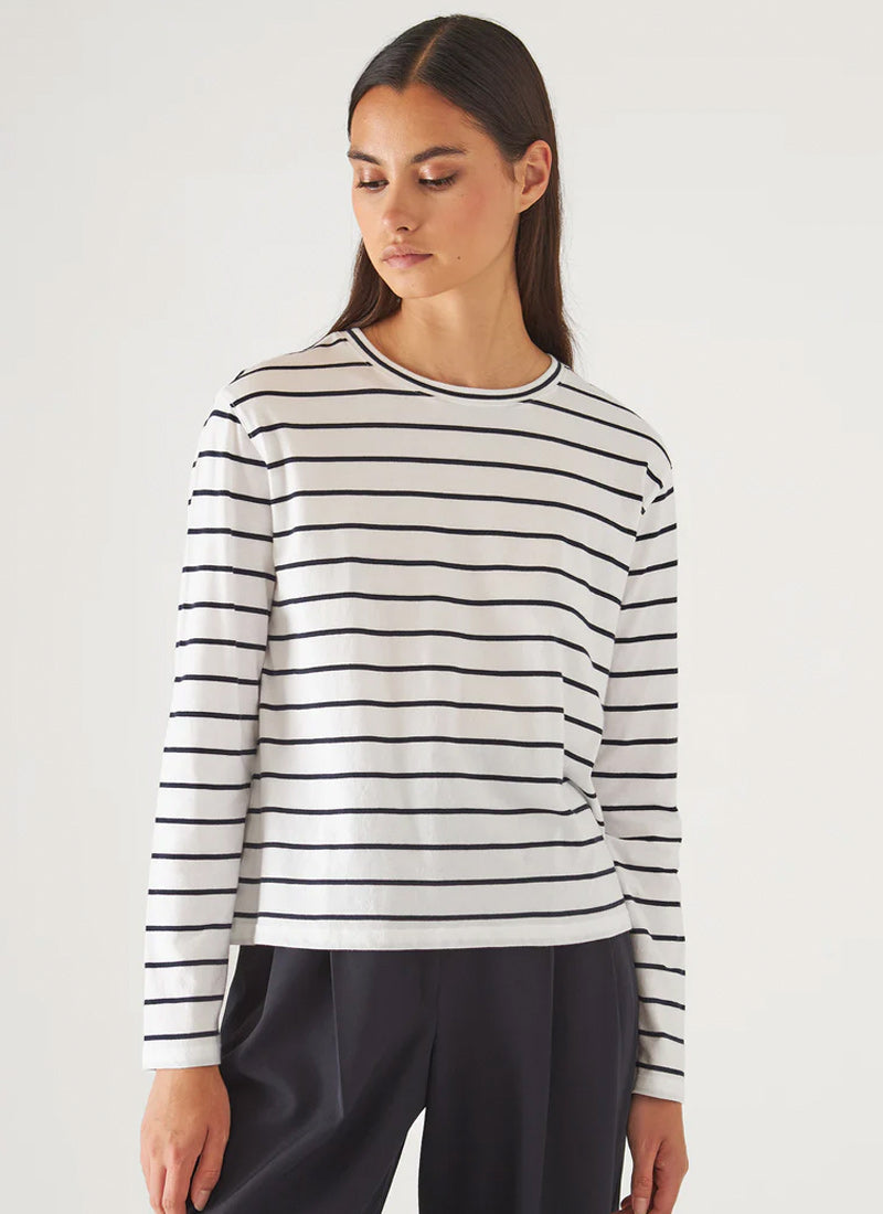 Long-Sleeve Organic Cotton Stripe Boyfriend Crewneck T-Shirt