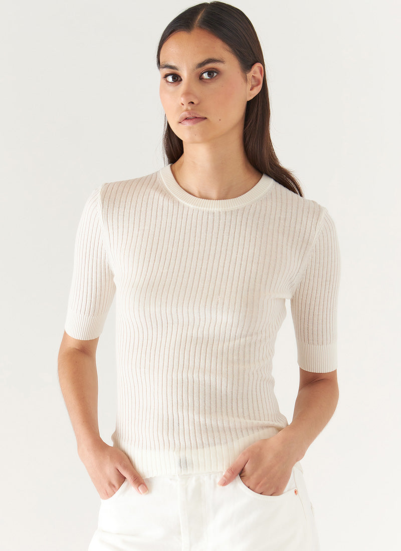 Short-Sleeve Cotton Cupro Rib Crewneck Sweater