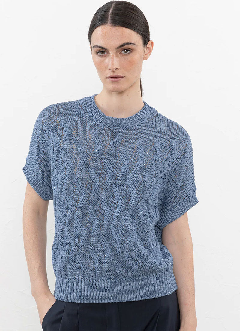 Short-Sleeve Cotton Sweater with Sequins