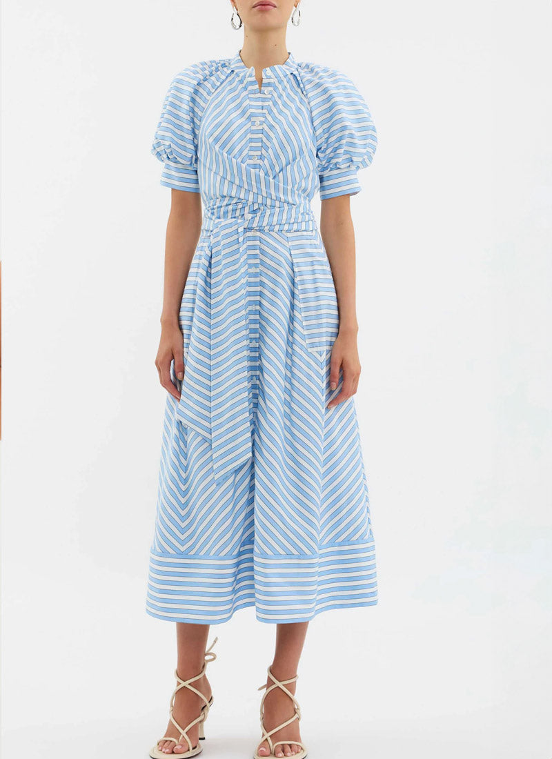 Ava Puff Sleeve Midi Stripe Dress