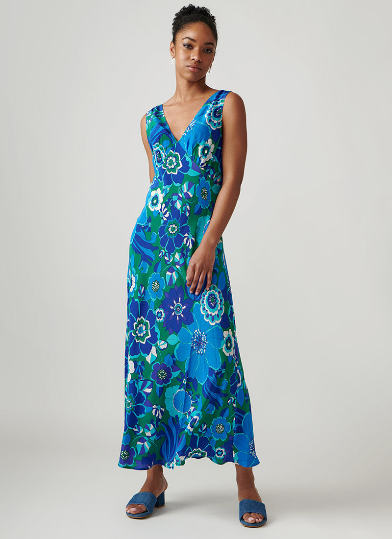 Sandrine Sleeveless Blue Print Midi Dress