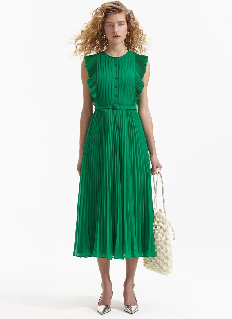 Green Chiffon Sleeveless Ruffle Midi Dress