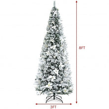 Load image into Gallery viewer, Snow Flocked Christmas Pencil Tree with Berries and Poinsettia Flowers- 8 ft - Color: White - Size: 8 ft
