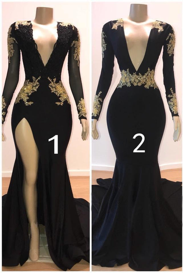 Bell Sleeve Gold Lace Appliqued Long Train Prom Dress - VQ