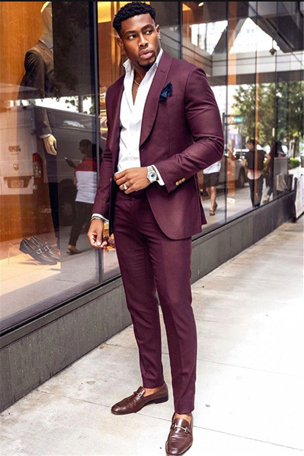 Burgundy shoes store with suit