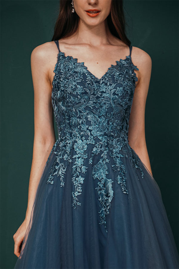 Navy Blue Halter Front Slit Spaghetti Straps A-Line Tulle Prom