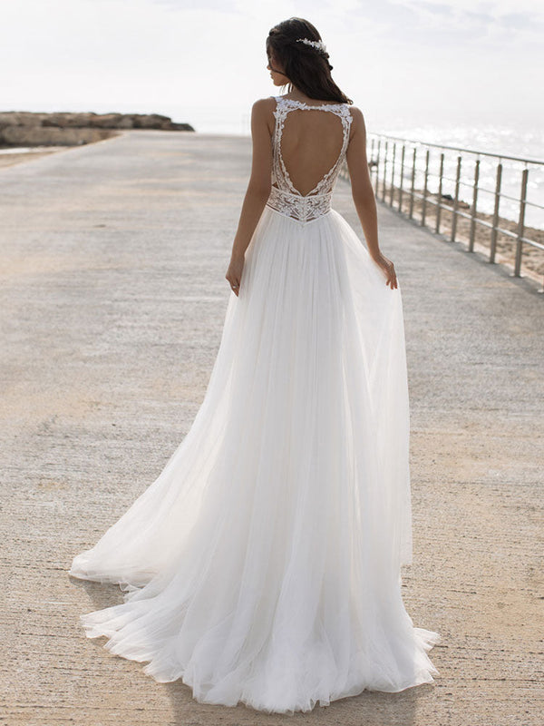 White Casual Wedding Dress A-Line Square Neck Long Sleeves Backless  Applique Cut-Outs Split Front Long Bridal Gowns – Dbrbridal