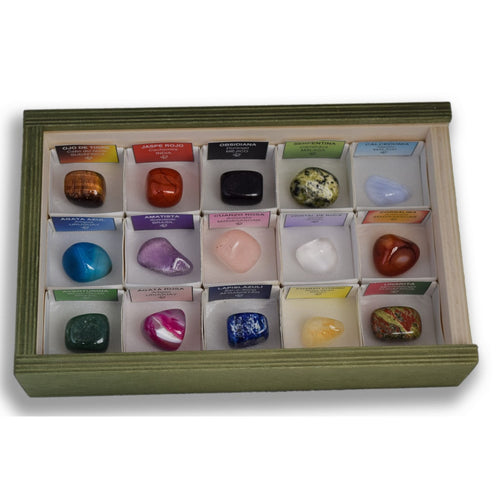 Colección de 15 Minerales del Mundo 4 en Caja de Madera Natural - Minerales  Reales educativos con Etiqueta informativa a Color. Kit de Ciencia de