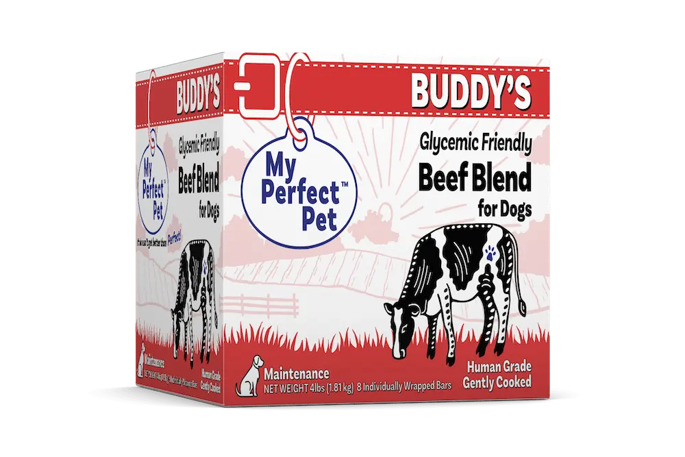 Buddy's Glycemic Friendly Beef Blend for Dogs, by My Perfect Pet (product package)