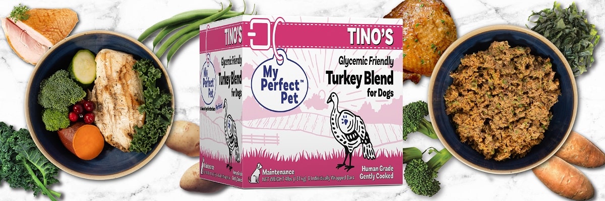 Tino's Glycemic Friendly Turkey Blend for Dogs, product box shown with bowl of fresh whole foods and bowl of gently cooked ground pet food